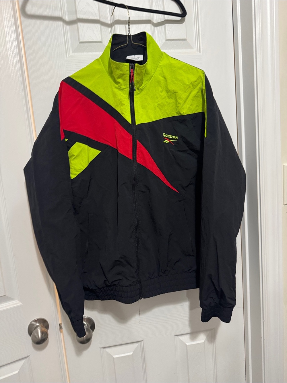 Reebok Black Windbreaker with Neon Green and Red Accent Panels